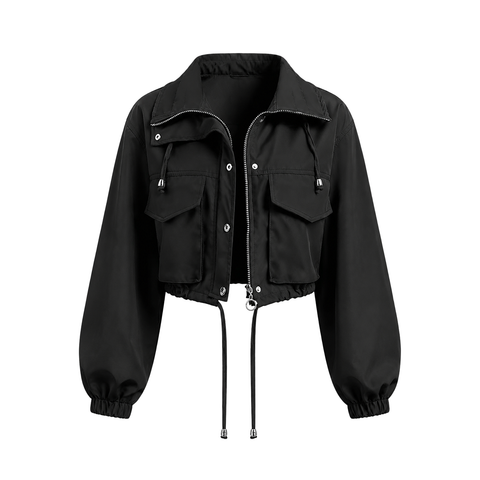 Women's Cropped Utility Jacket Lightweight Oversized Anorak Coat with Pockets