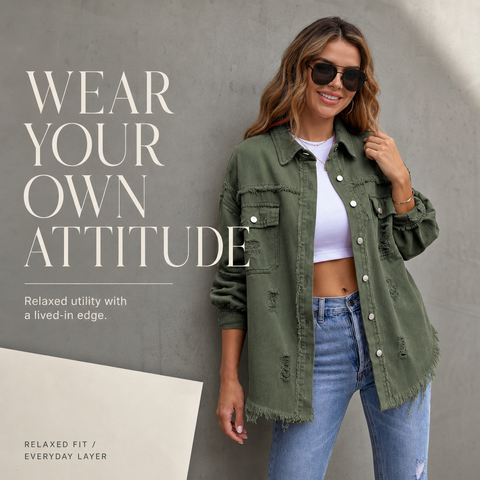 Women's Oversized Denim Shacket Distressed Jean Jacket Long Sleeve Outerwear