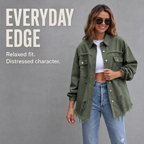 Women's Oversized Denim Shacket Distressed Jean Jacket Long Sleeve Outerwear