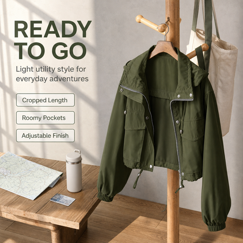 Women's Cropped Utility Jacket Lightweight Oversized Anorak Coat with Pockets