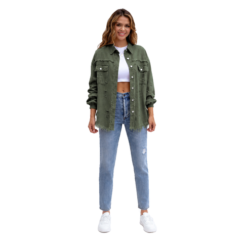 Women's Oversized Denim Shacket Distressed Jean Jacket Long Sleeve Outerwear