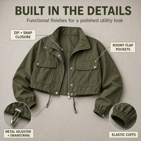Women's Cropped Utility Jacket Lightweight Oversized Anorak Coat with Pockets