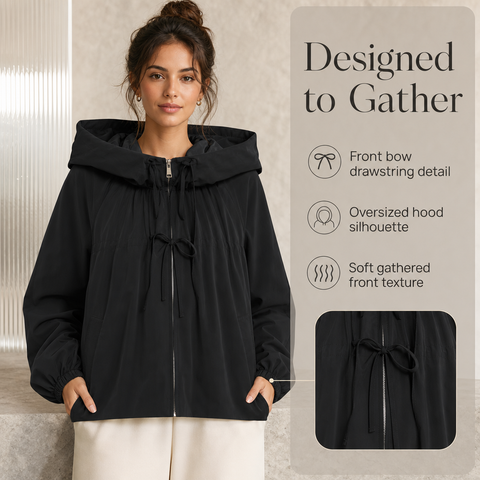 Women's Hooded Jacket Loose Fit Drawstring Hem Coat with Pockets
