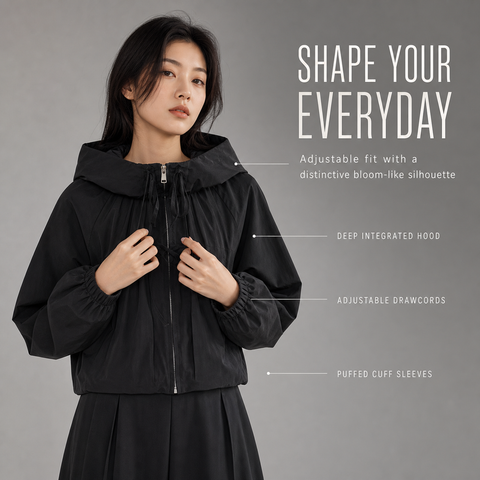 Women's Hooded Jacket Loose Fit Drawstring Hem Coat with Pockets