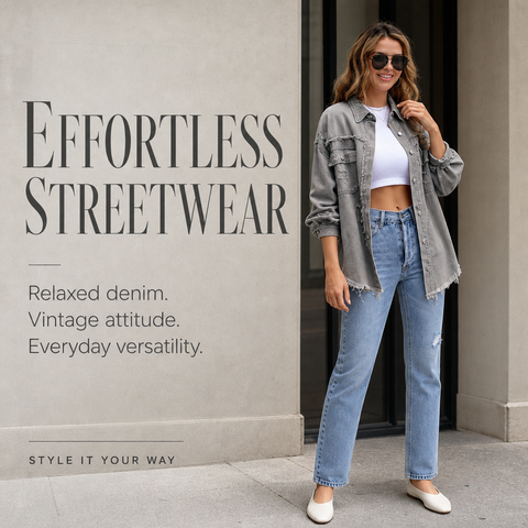 Women's Oversized Denim Shacket Distressed Jean Jacket Long Sleeve Outerwear