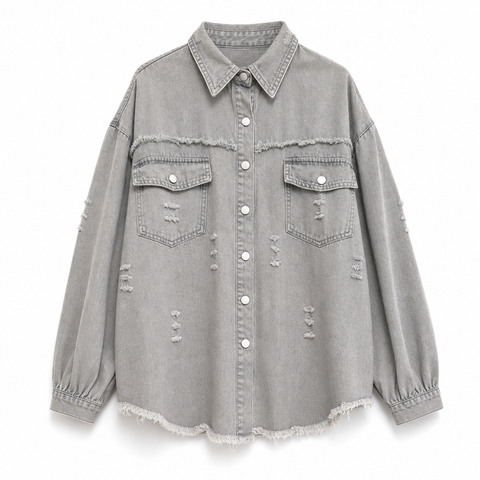 Women's Oversized Denim Shacket Distressed Jean Jacket Long Sleeve Outerwear