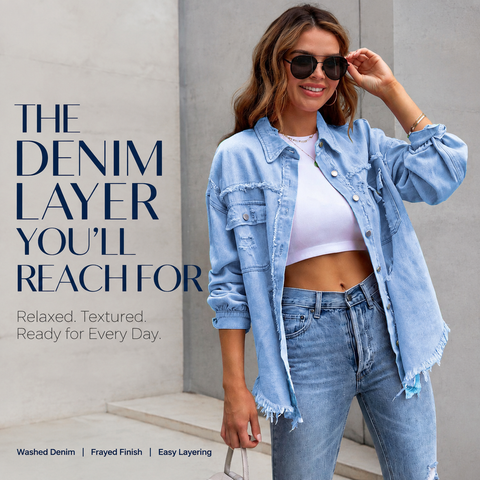 Women's Oversized Denim Shacket Distressed Jean Jacket Long Sleeve Outerwear