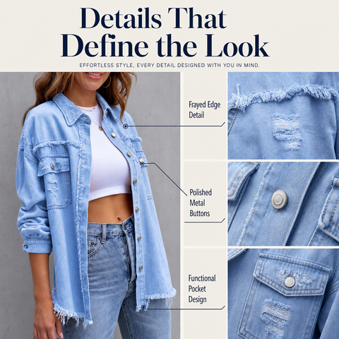 Women's Oversized Denim Shacket Distressed Jean Jacket Long Sleeve Outerwear