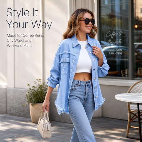 Women's Oversized Denim Shacket Distressed Jean Jacket Long Sleeve Outerwear