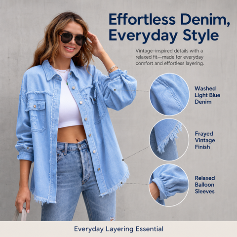 Women's Oversized Denim Shacket Distressed Jean Jacket Long Sleeve Outerwear