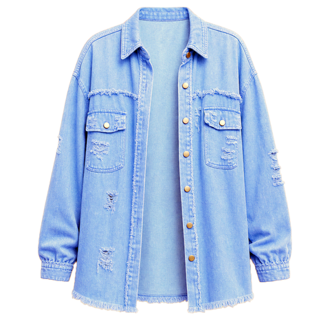 Women's Oversized Denim Shacket Distressed Jean Jacket Long Sleeve Outerwear