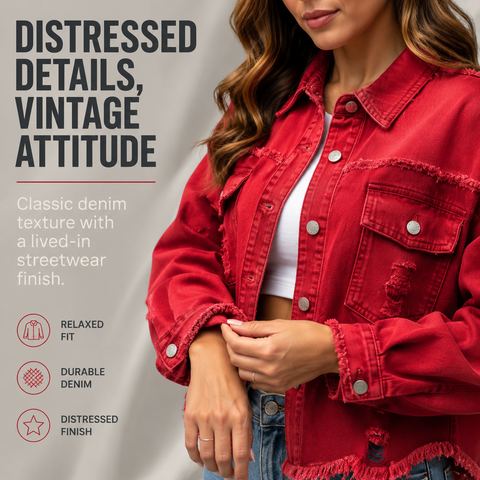 Women's Oversized Denim Shacket Distressed Jean Jacket Long Sleeve Outerwear