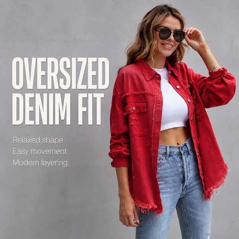 Women's Oversized Denim Shacket Distressed Jean Jacket Long Sleeve Outerwear