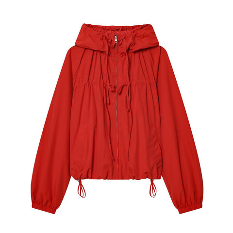 Women's Hooded Jacket Loose Fit Drawstring Hem Coat with Pockets