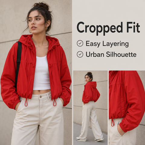 Women's Hooded Jacket Loose Fit Drawstring Hem Coat with Pockets
