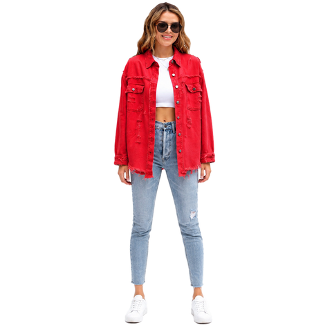 Women's Oversized Denim Shacket Distressed Jean Jacket Long Sleeve Outerwear