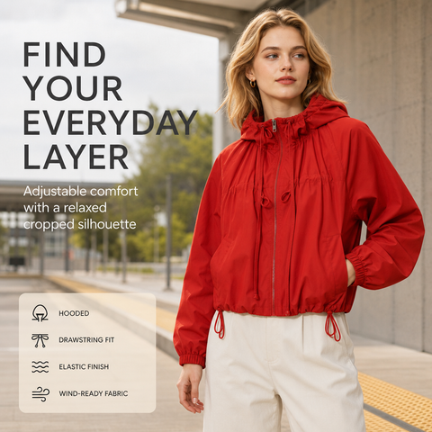 Women's Hooded Jacket Loose Fit Drawstring Hem Coat with Pockets
