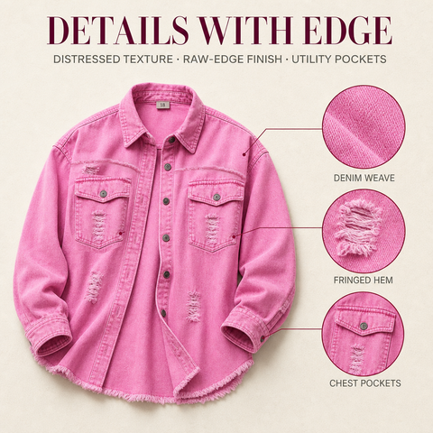 Women's Oversized Denim Shacket Distressed Jean Jacket Long Sleeve Outerwear