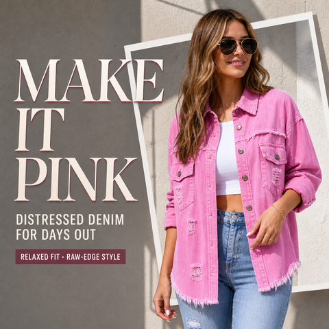 Women's Oversized Denim Shacket Distressed Jean Jacket Long Sleeve Outerwear