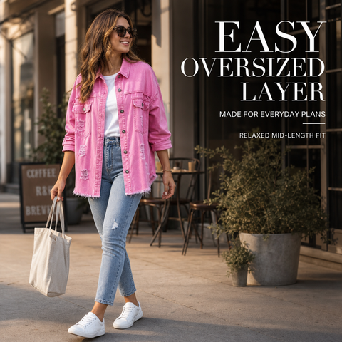 Women's Oversized Denim Shacket Distressed Jean Jacket Long Sleeve Outerwear