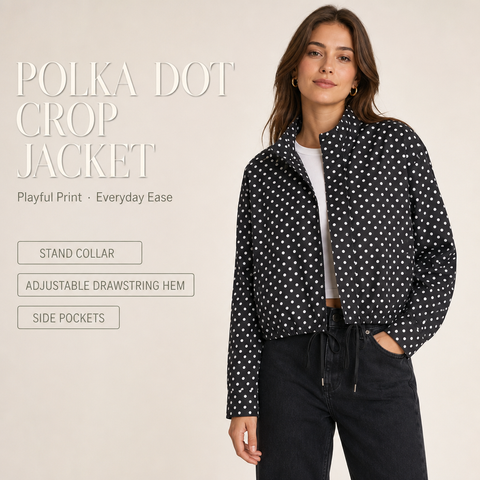 Women's Polka Dot Cropped Jacket Stand Collar Zip Up Jacket with Pockets