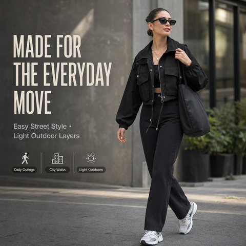 Women's Cropped Utility Jacket Lightweight Oversized Anorak Coat with Pockets