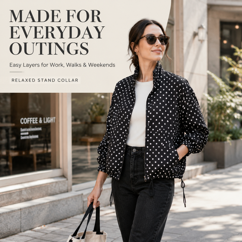 Women's Polka Dot Cropped Jacket Stand Collar Zip Up Jacket with Pockets