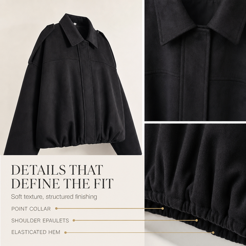 Women's Faux Suede Bomber Jacket Oversized Lapel Jacket with Long Sleeves