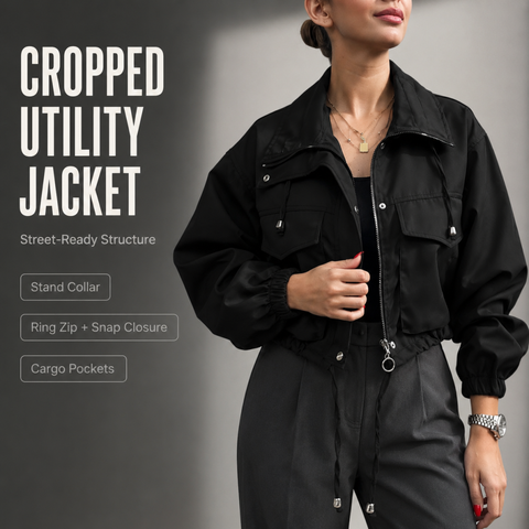 Women's Cropped Utility Jacket Lightweight Oversized Anorak Coat with Pockets