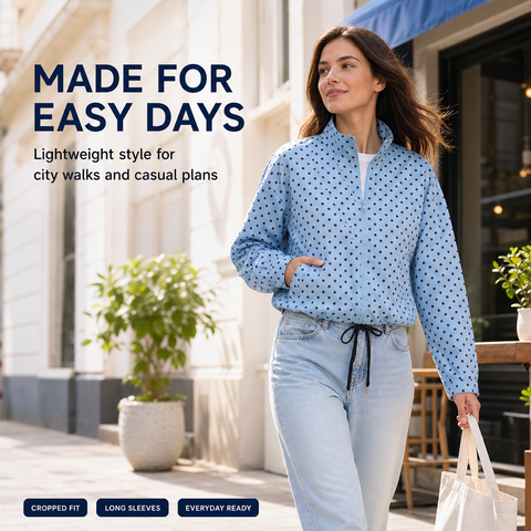 Women's Polka Dot Cropped Jacket Stand Collar Zip Up Jacket with Pockets