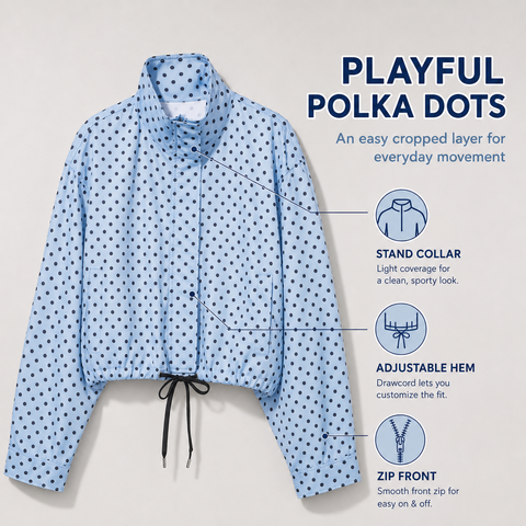 Women's Polka Dot Cropped Jacket Stand Collar Zip Up Jacket with Pockets