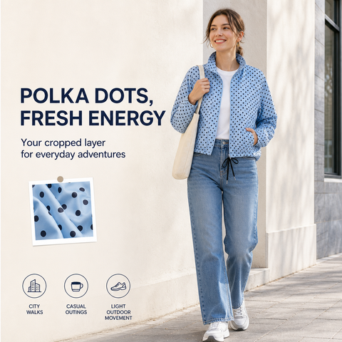 Women's Polka Dot Cropped Jacket Stand Collar Zip Up Jacket with Pockets