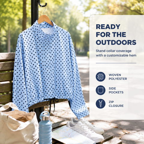 Women's Polka Dot Cropped Jacket Stand Collar Zip Up Jacket with Pockets
