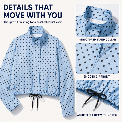 Women's Polka Dot Cropped Jacket Stand Collar Zip Up Jacket with Pockets
