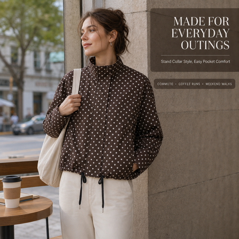 Women's Polka Dot Cropped Jacket Stand Collar Zip Up Jacket with Pockets