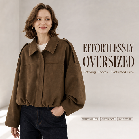 Women's Faux Suede Bomber Jacket Oversized Lapel Jacket with Long Sleeves