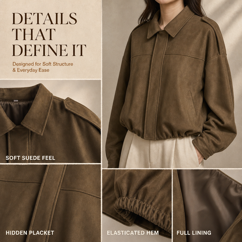 Women's Faux Suede Bomber Jacket Oversized Lapel Jacket with Long Sleeves