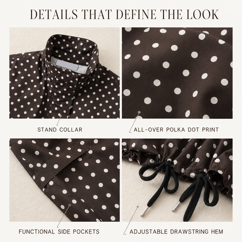 Women's Polka Dot Cropped Jacket Stand Collar Zip Up Jacket with Pockets