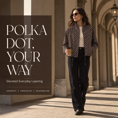 Women's Polka Dot Cropped Jacket Stand Collar Zip Up Jacket with Pockets