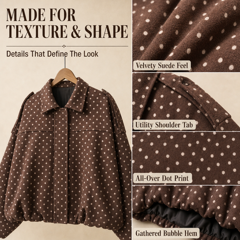 Women's Faux Suede Bomber Jacket Oversized Lapel Jacket with Long Sleeves
