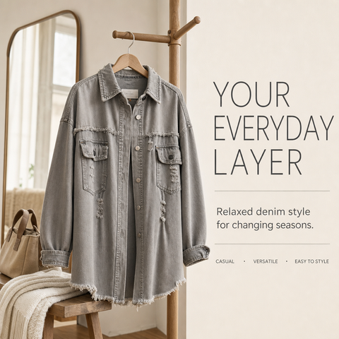 Women's Oversized Denim Shacket Distressed Jean Jacket Long Sleeve Outerwear