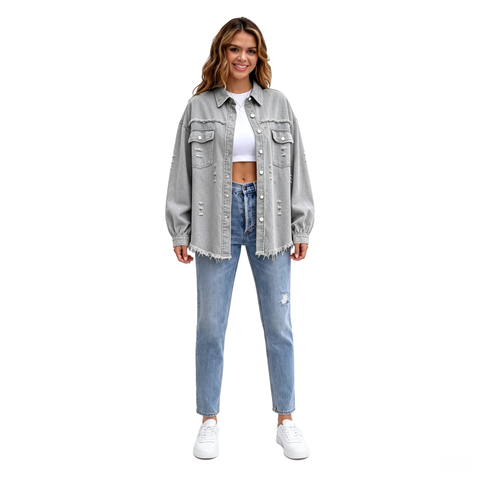 Women's Oversized Denim Shacket Distressed Jean Jacket Long Sleeve Outerwear