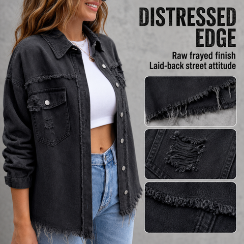 Women's Oversized Denim Shacket Distressed Jean Jacket Long Sleeve Outerwear