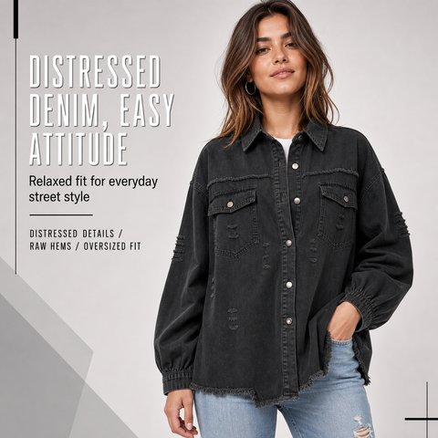 Women's Oversized Denim Shacket Distressed Jean Jacket Long Sleeve Outerwear