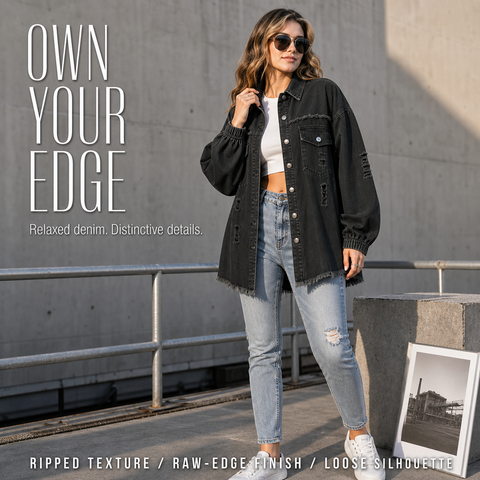 Women's Oversized Denim Shacket Distressed Jean Jacket Long Sleeve Outerwear