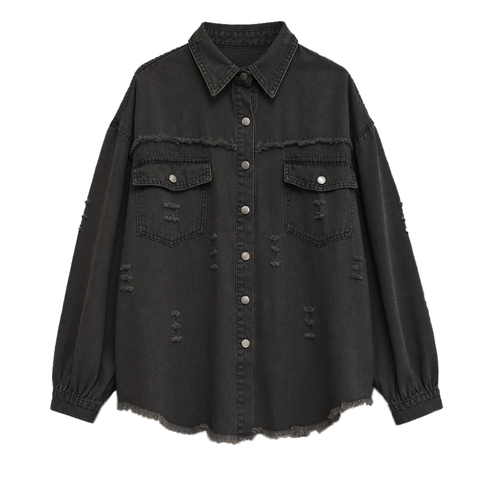 Women's Oversized Denim Shacket Distressed Jean Jacket Long Sleeve Outerwear