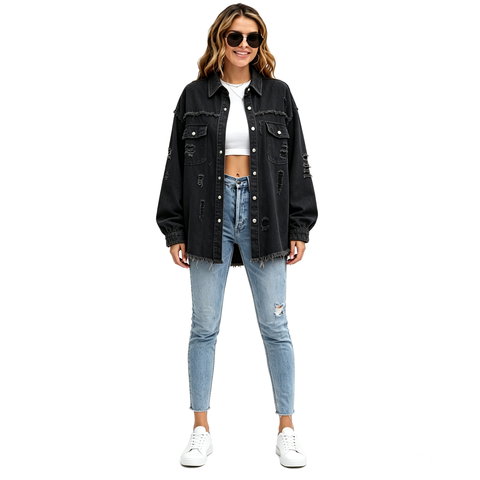Women's Oversized Denim Shacket Distressed Jean Jacket Long Sleeve Outerwear