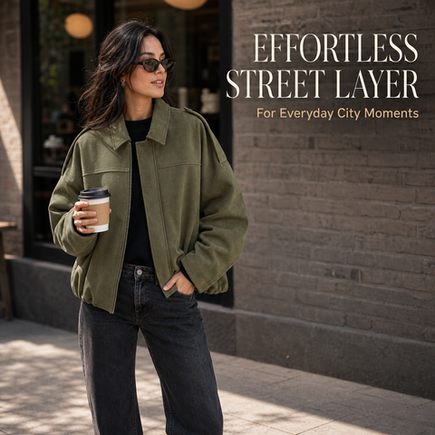 Women's Faux Suede Bomber Jacket Oversized Lapel Jacket with Long Sleeves