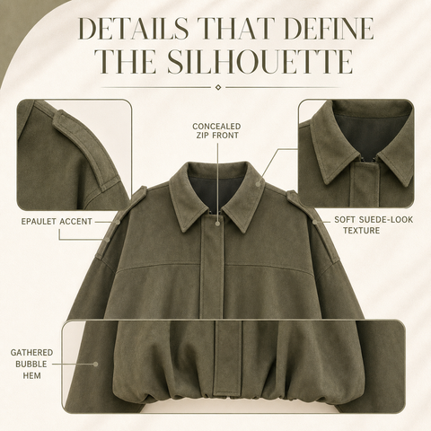 Women's Faux Suede Bomber Jacket Oversized Lapel Jacket with Long Sleeves