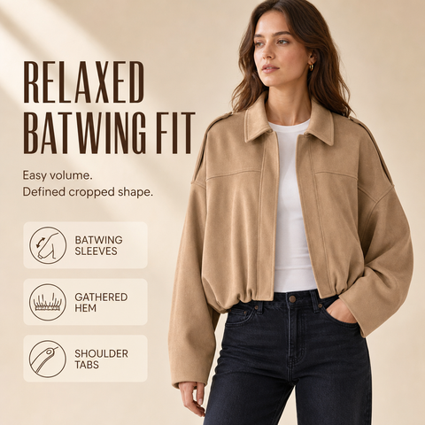 Women's Faux Suede Bomber Jacket Oversized Lapel Jacket with Long Sleeves